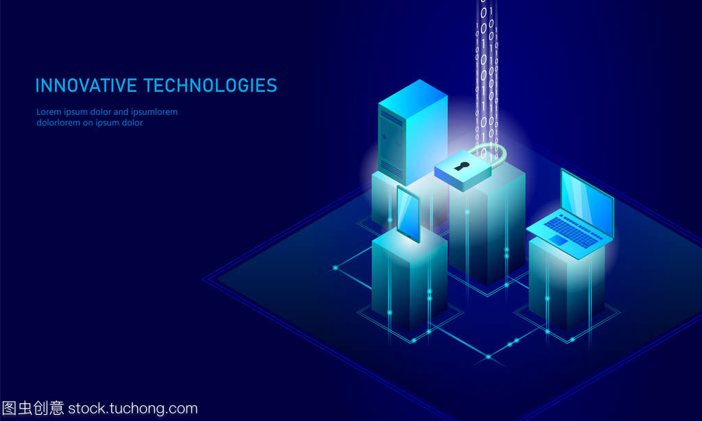 等距互聯(lián)網(wǎng)安全鎖業(yè)務(wù)理念。藍色發(fā)光等距個人信息數(shù)據(jù)連接 pc 智能手機未來技術(shù)。3d 圖表矢量圖