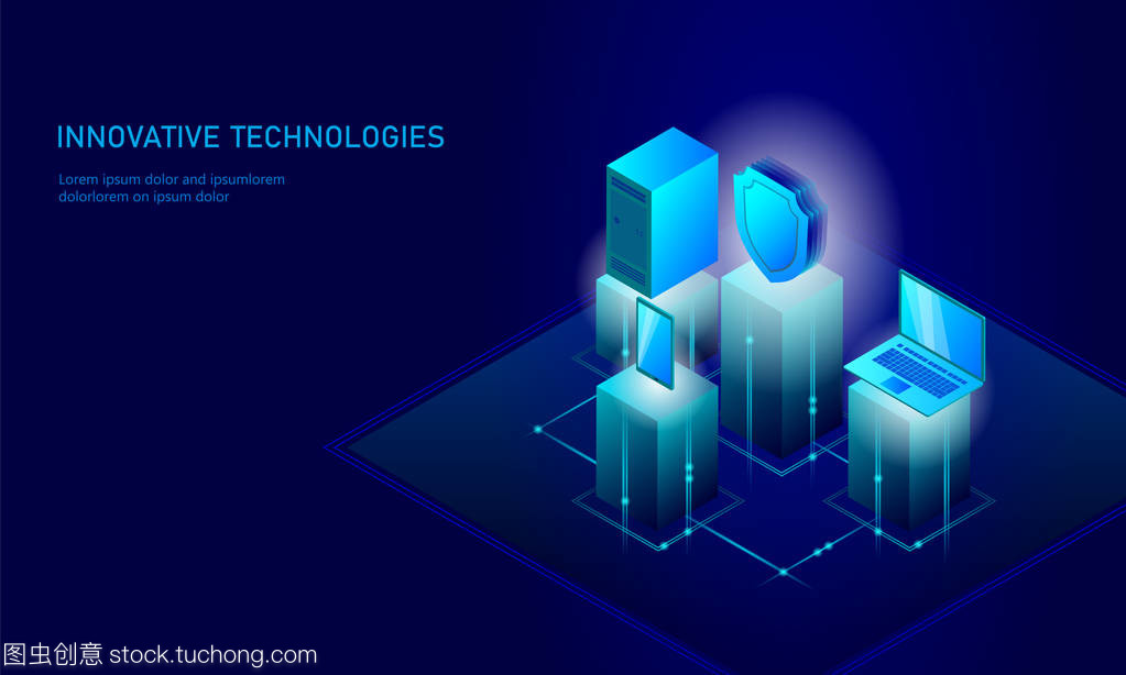等距互聯(lián)網(wǎng)安全盾的經(jīng)營理念。藍(lán)色發(fā)光等距個人信息數(shù)據(jù)連接 pc 智能手機未來技術(shù)。3d 圖表矢量圖