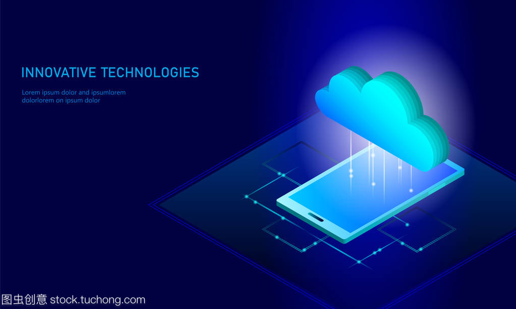 云計(jì)算在線存儲等距智能手機(jī)。大數(shù)據(jù)信息未來現(xiàn)代互聯(lián)網(wǎng)業(yè)務(wù)技術(shù)。藍(lán)色發(fā)光全局文件交換可用背景向量插圖